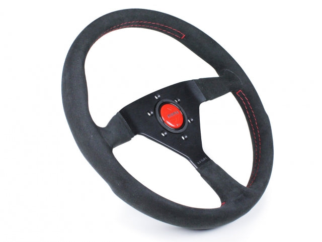 Momo Monte Carlo Steering Wheel - Black Alcantara Suede w/Red Stitch)